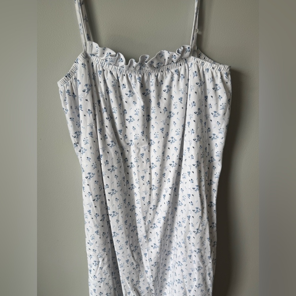 LAKE PIMA COTTON Floral White Blue Ruffle Nightgown Dress Pajamas Sleeveless M - Picture 5 of 12